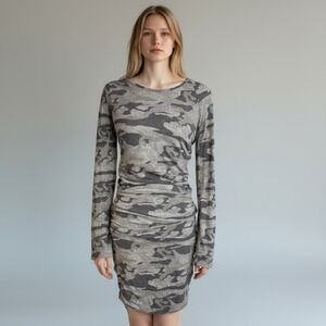 MONROW Revolve Women's Camo Long Sleeve Ruched Mini-Midi Dress Work Party Small